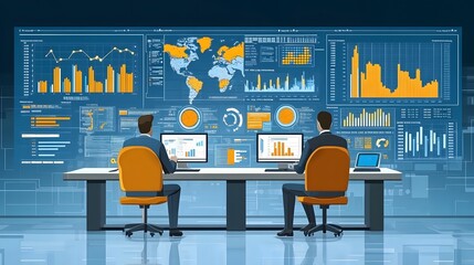 Business leaders planning strategies for stock market growth in tech industries for 2025, minimalist vector design