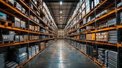 Aisle in a warehouse with rows of stacked boxes and materials