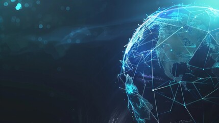 Futuristic HUD interface showcasing blockchain technology with a global network of polygon connections, cryptocurrency, and peer-to-peer fintech elements