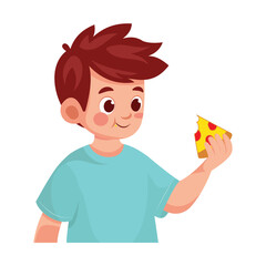 kid eats slice pizza flat vector design