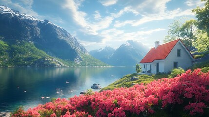 A white cottage with a red roof nestled on a hillside overlooking a calm lake and snow-capped mountains.