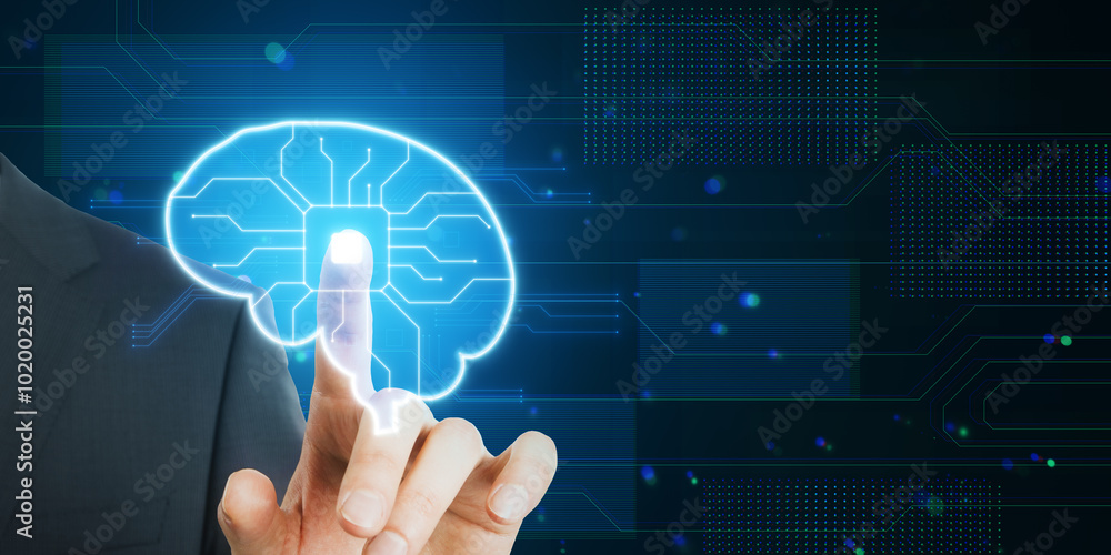 Poster closeup of businessman hand using glowing blue circuit digital brain hologram on blurry background w
