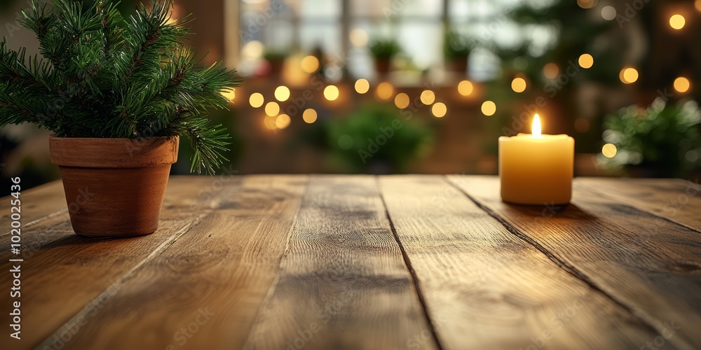 Poster a cozy table setting with a pot of greenery and a lit candle, creating a warm ambiance.