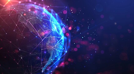 Futuristic HUD interface showcasing blockchain technology with a global network of polygon connections, cryptocurrency, and peer-to-peer fintech elements