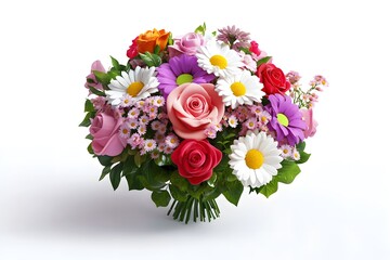 Colorful Bouquet of Roses  Daisies and Other Flowers Isolated on White