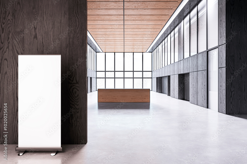 Poster clean wooden office corridor interior with reception desk, panoramic windows and city view, blank wh