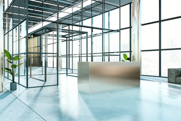 Bright office corridor with panoramic windows, city view, reception desk and daylight. 3D Rendering.