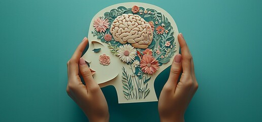 An artistic representation of mental health and self-care featuring hands holding a floral brain silhouette. Ideal for Mental Health Day campaigns, wellness programs, and creative workshops.