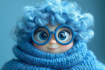 Fototapeta premium A serene cartoon character in a cozy blue sweater, designed for Mental Health Day, symbolizing comfort and tranquility, perfect for wellness promotions or mindfulness content.