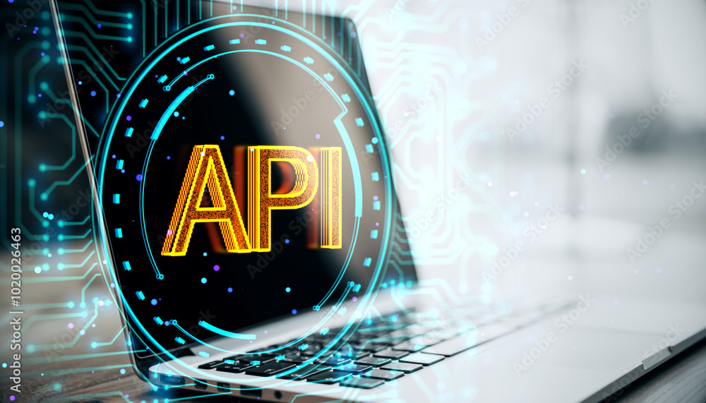 Aufkleber Close up of notebook on desk with creative API hologram on blurry background. Application Programming Interface concept. Interaction with digital icons, API development, security. Double exposure.