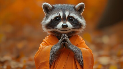 A cheerful raccoon in a monk's robe, embodying tranquility, ideal for Mental Health Day promotions, mindfulness events, and wellness initiatives.
