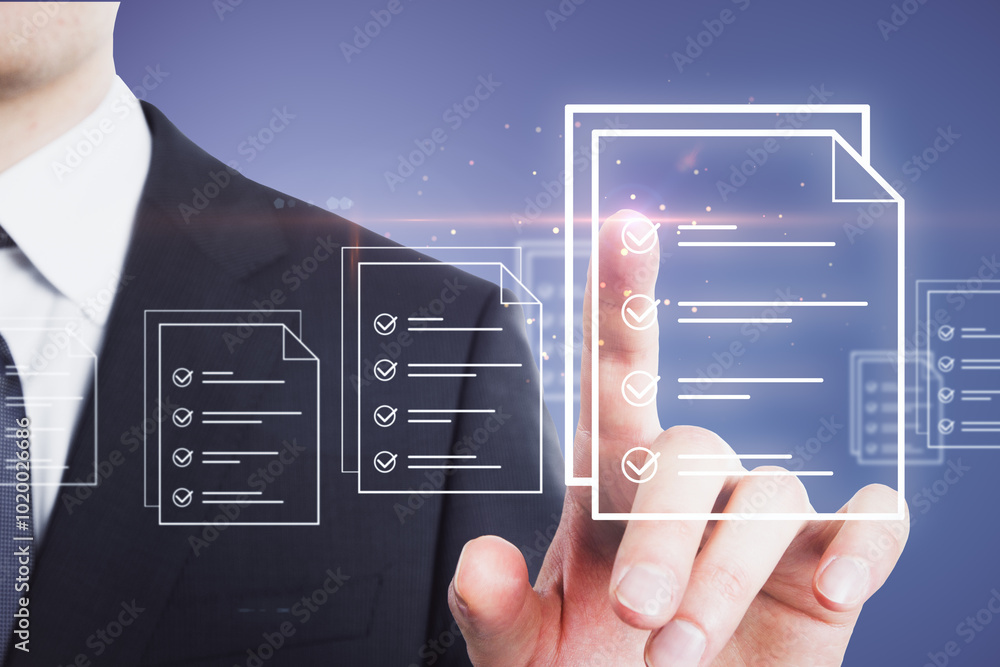 Poster close up of businessman hand pointing at creative digital document on blue background. online survey