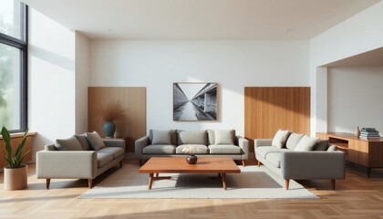 Stylish living room with a minimalist Mid-Century aesthetic, featuring a low-profile sectional, sleek wood paneling, and a single piece of striking artwork.