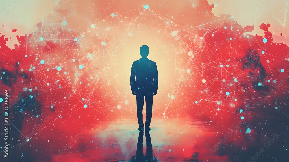 Poster man silhouette standing in front of abstract red and blue network