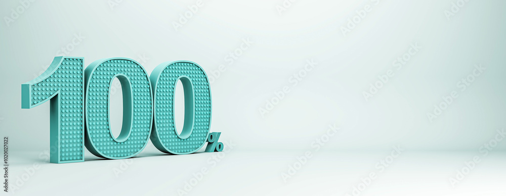 Poster creative blue 100% neon sign with lamps on wide white background with mock up place. 3d rendering.