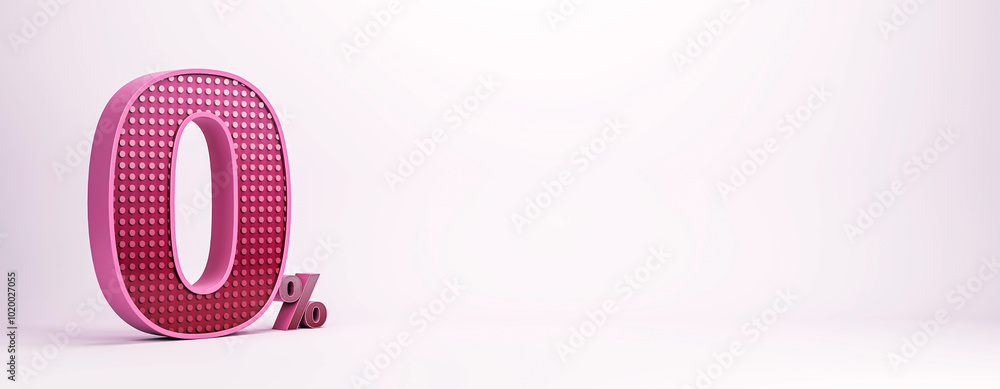 Poster creative pink 0% neon sign with lamps on wide white background with mock up place. 3d rendering.