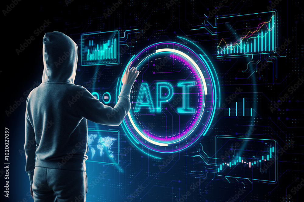 Leinwandbilder Hacker using creative API hologram on blurry background. Application Programming Interface concept. Interaction with digital icons representing API development, security.