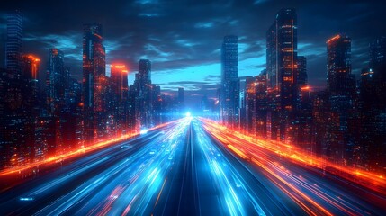 Obraz premium Futuristic Cityscape with Neon Lights and Highway at Night