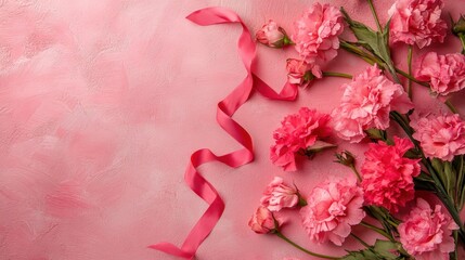 Beautiful arrangement of pink flowers with ribbons on a soft pink background, perfect for crafting or decoration