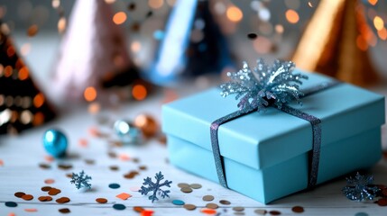 Pastel Blue Gift Box with Festive Decorations
