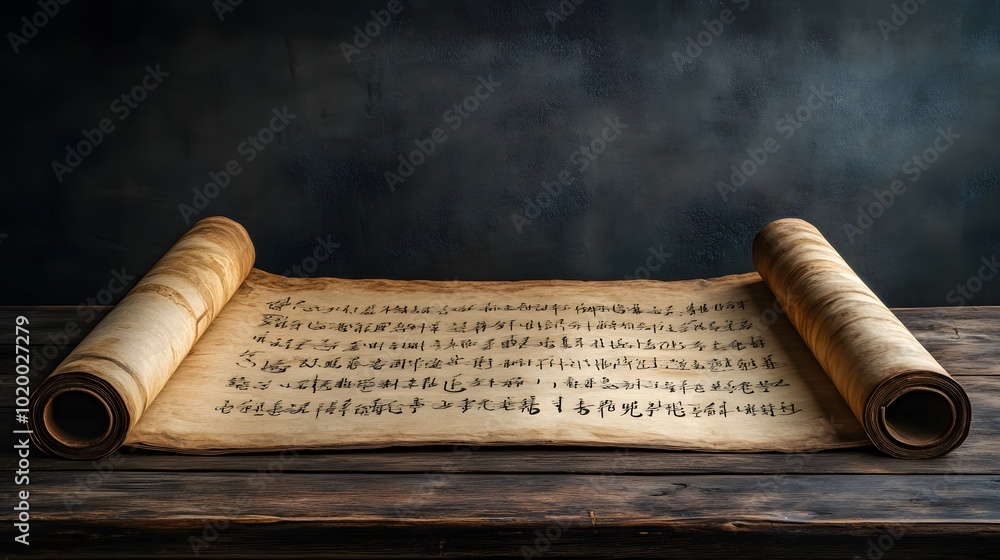 Poster ancient manuscript scroll on rustic wooden table with dark background