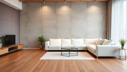 Living room with minimalist decor, featuring a white, L-shaped sofa, oak wood flooring, and a concrete accent wall in neutral tones. The room is illuminated with soft, recessed ceiling lights.