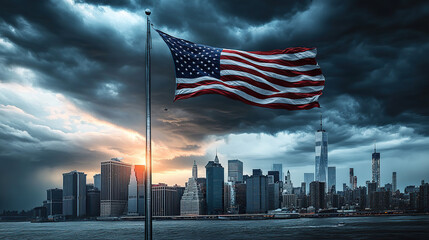 Naklejka premium The American flag is flying high above the city skyline, with dark storm clouds gathering in the sky behind it