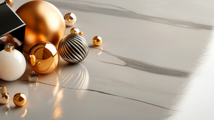 Fototapeta premium Elegant holiday decorations featuring shiny gold and silver ornaments on smooth marble surface. arrangement creates festive and luxurious atmosphere, perfect for celebrations