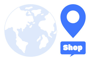 A light blue map of the world next to a blue map pin with a shop sign. Ideal for online shopping, global delivery, e-commerce, retail locations, and worldwide trade. Simple vector style