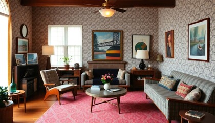 Mid-Century Modern living room with vintage decor, featuring a patterned wallpaper, a cozy sofa, and art pieces from the era that tell a story.
