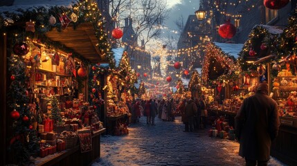 Obraz premium Inviting Outdoor Market Scene Decorated for Holidays