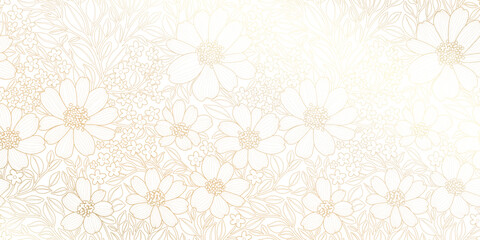 Floral pattern with a light gold contur flowers and leaves with small flowers on a white background. Perfect for prints, posters, covers, banners, invitations, beauty products.