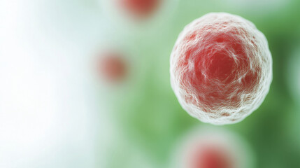 Microscopic view of red cells, showcasing their intricate structure and vibrant color against soft green background. This image captures beauty of cellular biology and complexity of life