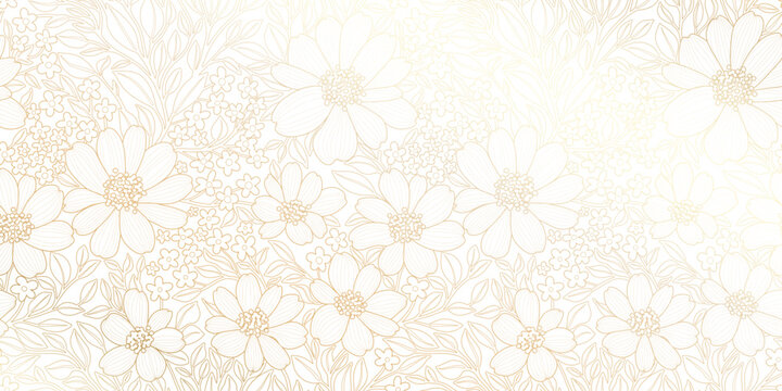 Floral pattern with a light gold contur flowers and leaves with small flowers on a white background. Perfect for prints, posters, covers, banners, invitations, beauty products.
