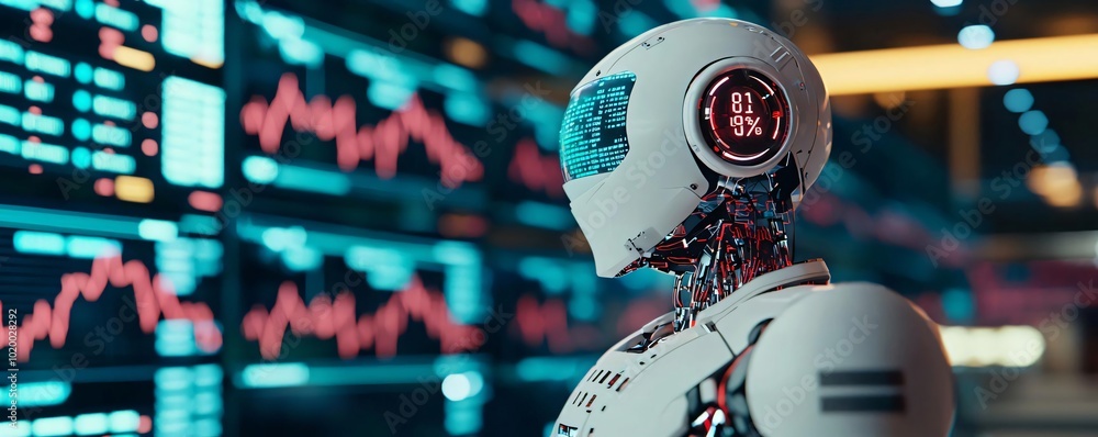 Poster futuristic robot standing in front of data charts, embodying advanced technology and innovation in a