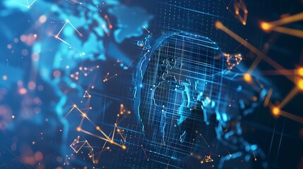 Futuristic HUD interface showcasing blockchain technology with a global network of polygon connections, cryptocurrency, and peer-to-peer fintech elements