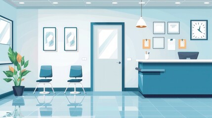 This doctor’s office features a sleek reception area with chairs, plants, and well-organized decor, creating a welcoming environment for patients. Generative AI