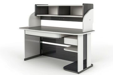 elegant white and dark grey wooden kids study desk with bookshelf two tier isolated on white background 