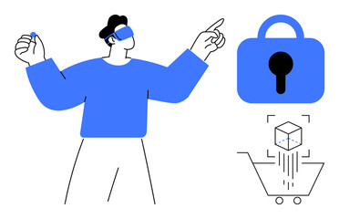 Person wearing a VR headset interacting with security and e-commerce elements such as a lock and an abstract shopping cart. Ideal for technology, virtual reality, online security, digital innovation