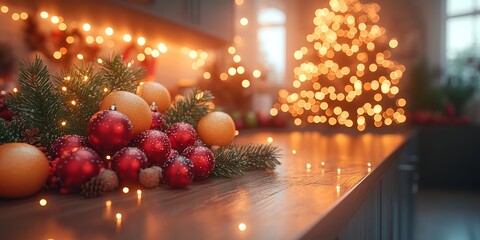 Obraz premium Festive holiday decorations with red ornaments and oranges on a wooden table, soft lights.