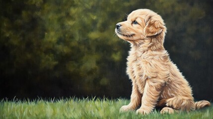 A golden retriever puppy sitting on grass, gazing thoughtfully into the distance.