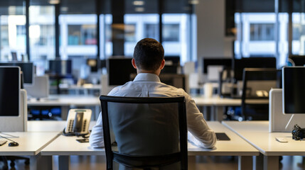 Man sitting alone in an empty office, gazing at an empty desk with a few personal items, symbolizing job loss and layoffs, conveying a sense of uncertainty and reflection