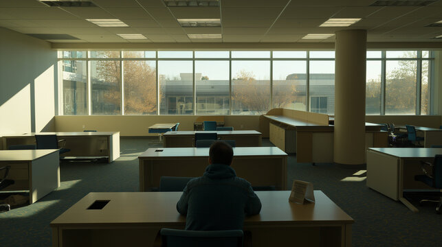 Man sitting alone in an empty office, gazing at an empty desk with a few personal items, symbolizing job loss and layoffs, conveying a sense of uncertainty and reflection
