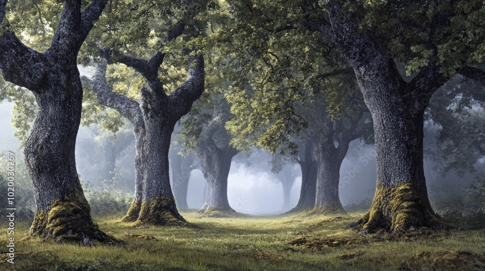 Poster a serene forest scene with majestic trees and mist, creating a tranquil atmosphere.