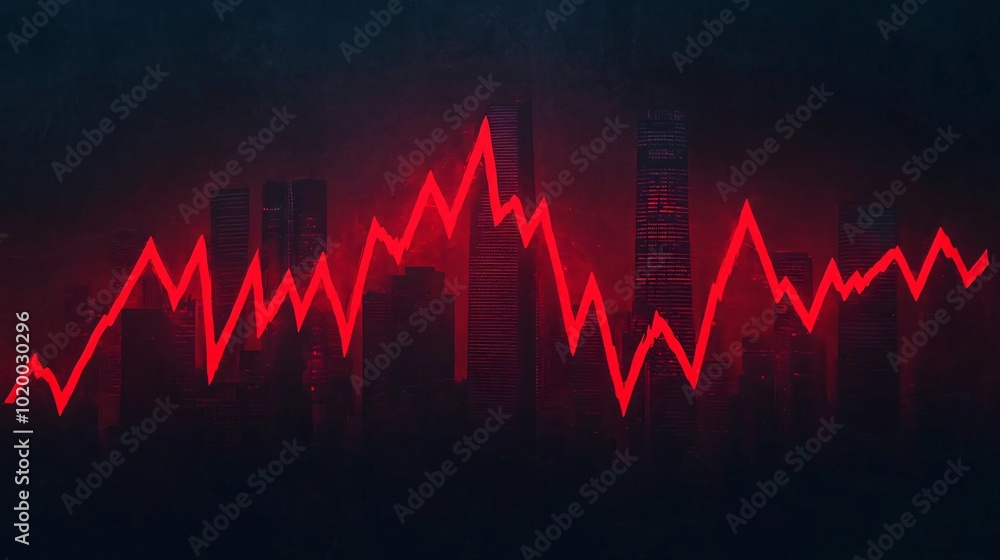 Poster a dynamic stock market graph depicted in red, showcasing fluctuating trends and patterns against a d