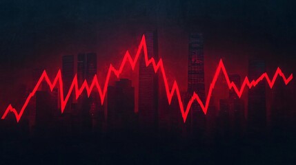 A dynamic stock market graph depicted in red, showcasing fluctuating trends and patterns against a dark background.
