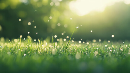 Fototapeta premium A serene morning scene featuring dew drops glistening on lush green grass, illuminated by soft sunlight. gentle sparkle creates tranquil and refreshing atmosphere