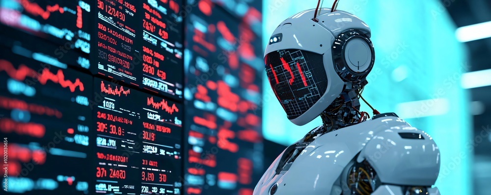 Poster a futuristic robot stands in front of a data screen, showcasing advanced technology and digital anal