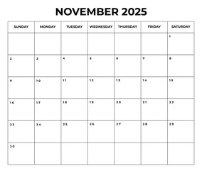 november 2025 Monthly Calendar design with Notes and week starts from sunday