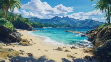A serene tropical beach scene with lush greenery and mountains in the background.